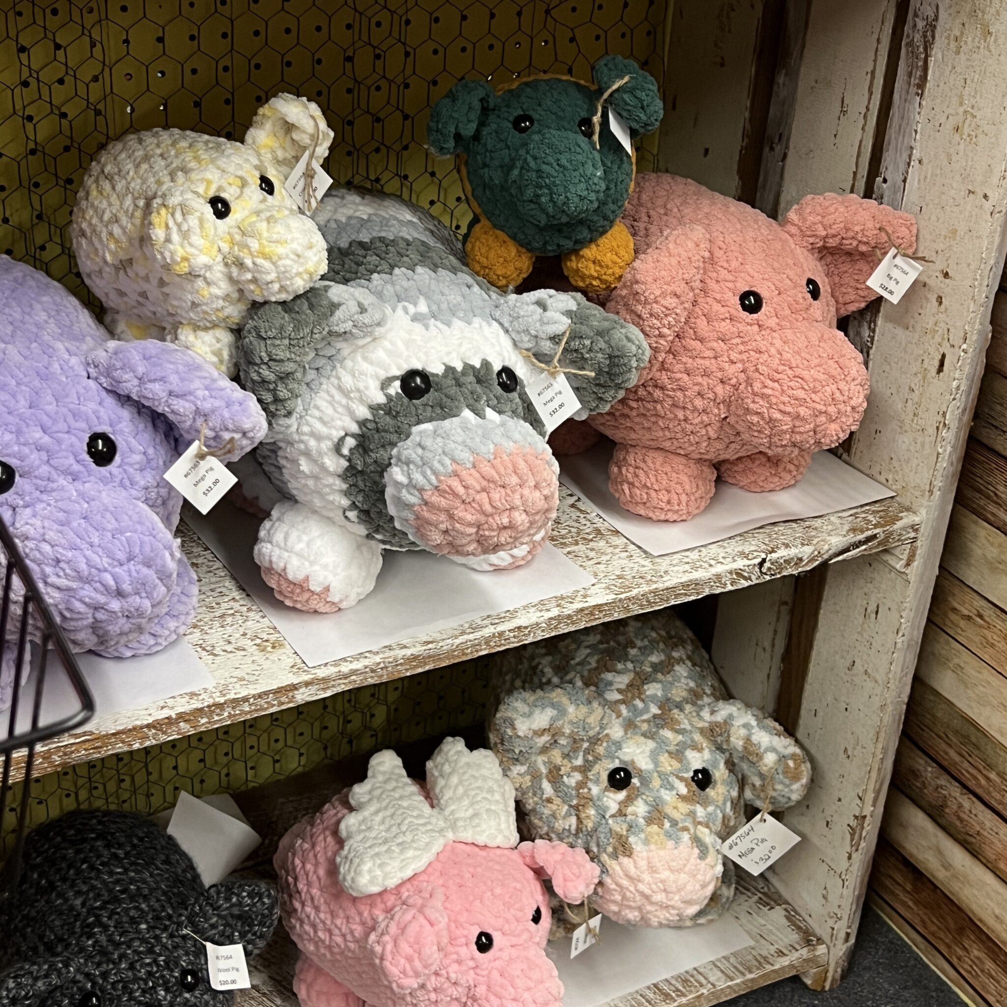 pigs, crochet pigs, key chains, candles, stained glasss
